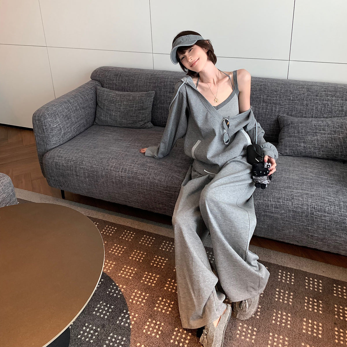 【セットアップ】【単品注文】韓国風フード付きスウェット×ワイドパンツ 上下セット レディース 秋新作 ゆったり体型カバー【FCシリーズ】
