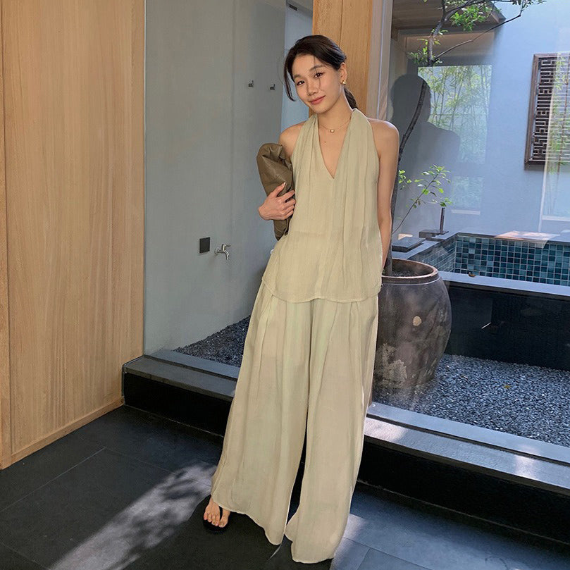 2点セット！【セットアップ】夏 エレガント ハイネック タンクトップ＋ワイドレッグスカート上下セット【JZシリーズ】