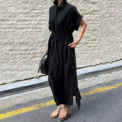 [洋裝] 春秋寬鬆開叉高腰休閒短袖洋裝