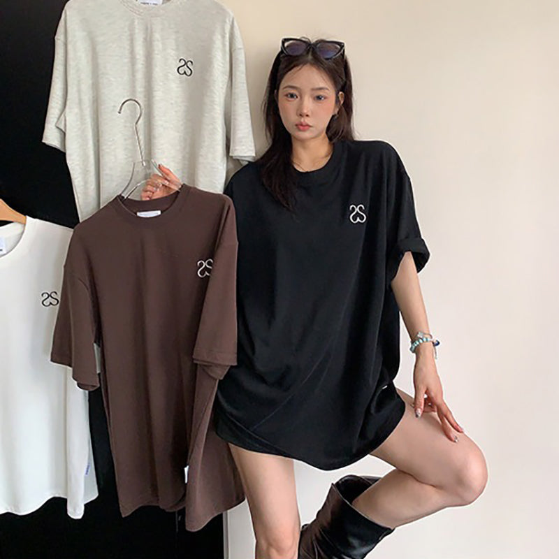 【トップス】ヴィンテージ風 シンプル刺繍Tシャツ 綿100％ レディース 夏 オーバーサイズ 半袖【FCシリーズ】