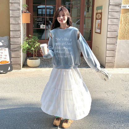 2点セット！【セットアップ】グレー オフショルダーフーディー + スカート 上下セット レディース 春秋 韓国系 ゆるふわ風 【JZシリーズ】