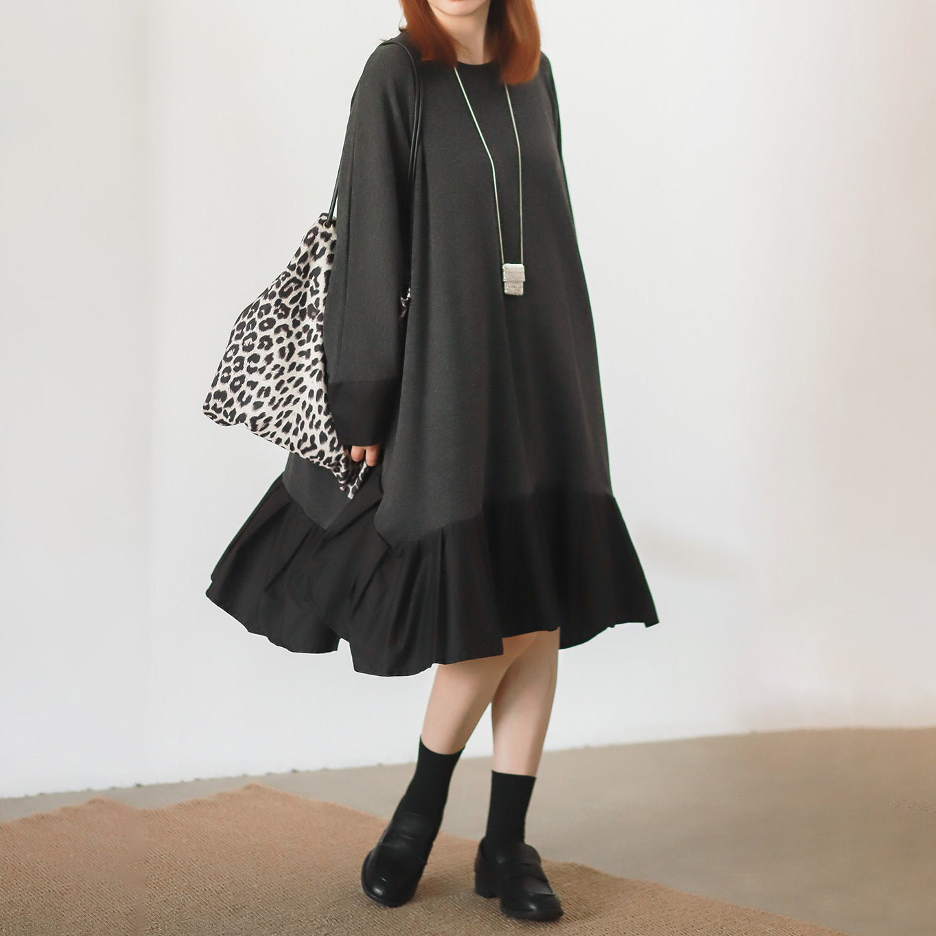 【ワンピース】香港風 クルーネック 切替 シャツ生地 大きめサイズ 長袖 ワンピース ビッグシルエット ゆったり【JZシリーズ】