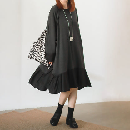 【ワンピース】香港風 クルーネック 切替 シャツ生地 大きめサイズ 長袖 ワンピース ビッグシルエット ゆったり【JZシリーズ】