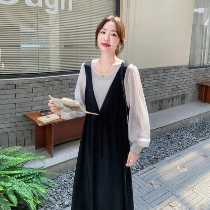 【ワンピース】フレンチレイヤード風ワンピース レディース 長袖 ウエストシェイプ デザイン性 大人可愛い 秋コーデ【JZシリーズ】