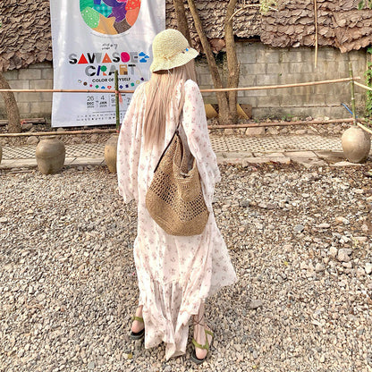【ワンピース】韓国風 小花柄ロングワンピース レディース 大きいサイズ ゆったり 体型カバー 長袖 ドレープ感 秋ワンピース【SHシリーズ】