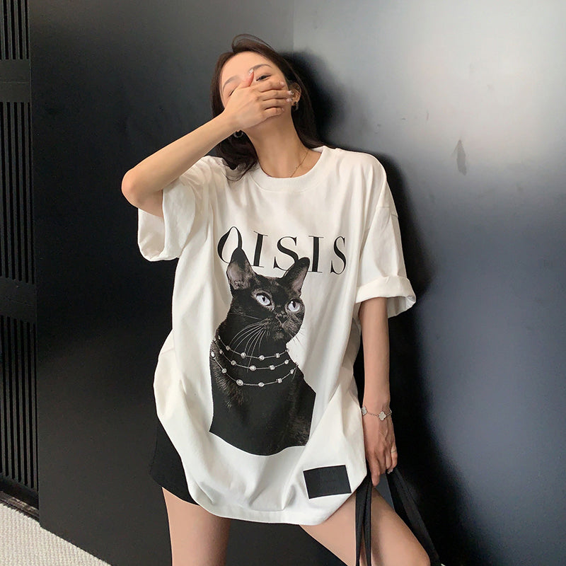 【トップス】ダークアート 猫プリントTシャツ レディース ゆったり こなれ感 半袖【FCシリーズ】