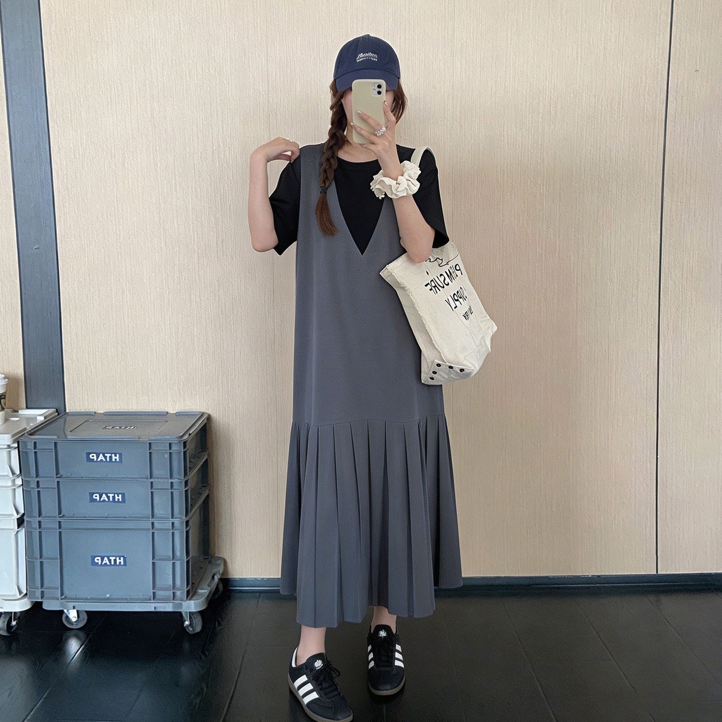 【ワンピース】韓国風フェイクレイヤードワンピース レディース 夏 半袖 ロングワンピース 切替デザイン ゆったり体型カバー 着痩せカジュアル【JZシリーズ】