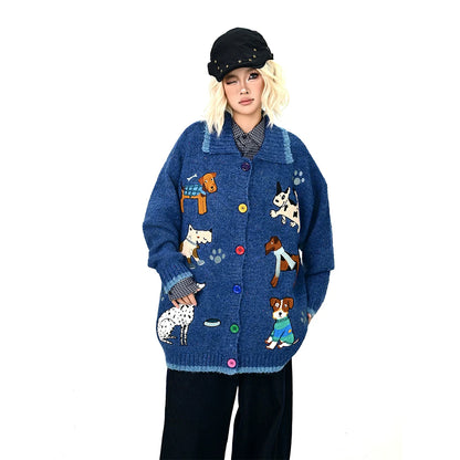 【アウター】子犬 刺繍 セーター ゆったりくつろぎ感 カーディガン【FCシリーズ】