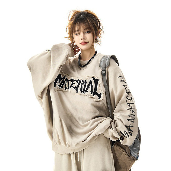 【トップス】ウェイストランド風 マイナー ディストレスト刺繍パッチ パーカー クルーネック スウェット【FCシリーズ】