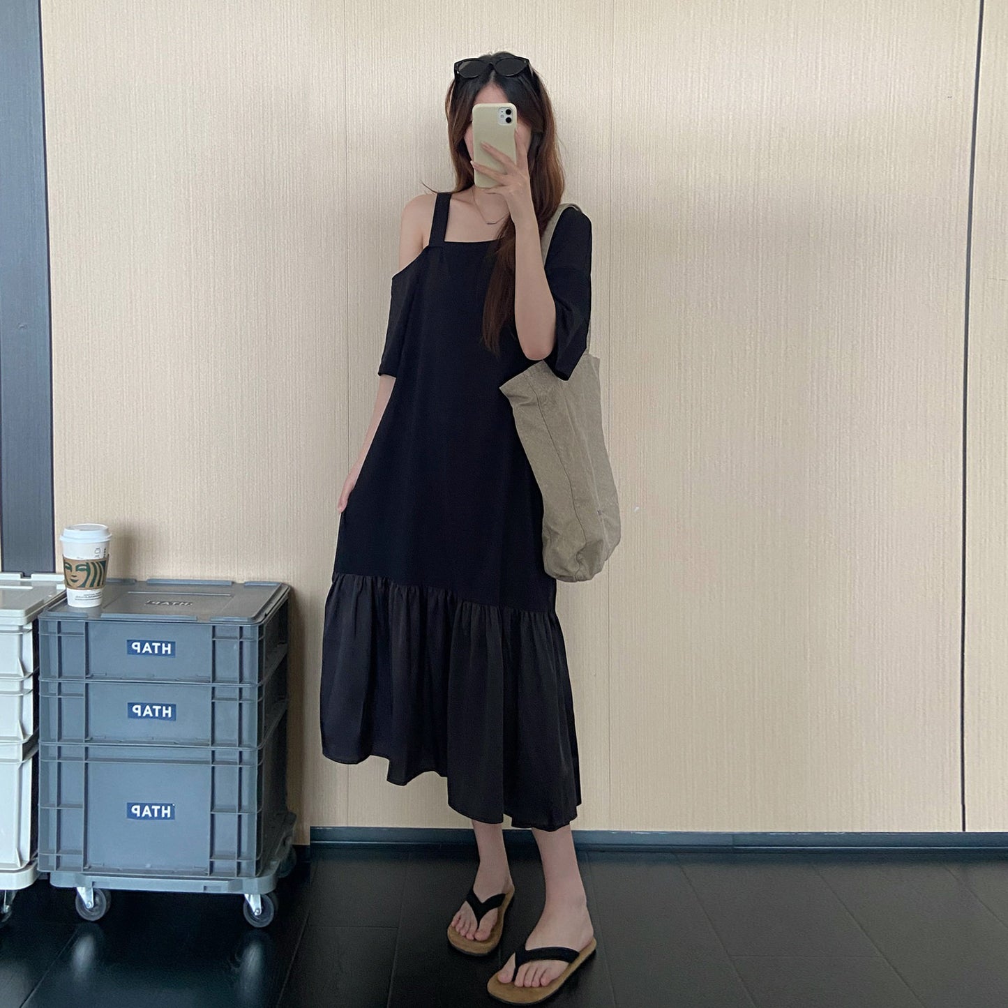 【ワンピース】オフショルダーワンピース レディース 夏 半袖 マーメイドシルエット ロング丈 ゆったり体型カバー 半袖 着痩せ デザインワンピース【JZシリーズ】