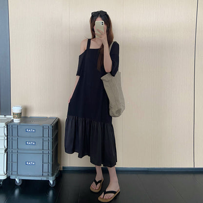 【ワンピース】オフショルダーワンピース レディース 夏 半袖 マーメイドシルエット ロング丈 ゆったり体型カバー 半袖 着痩せ デザインワンピース【JZシリーズ】