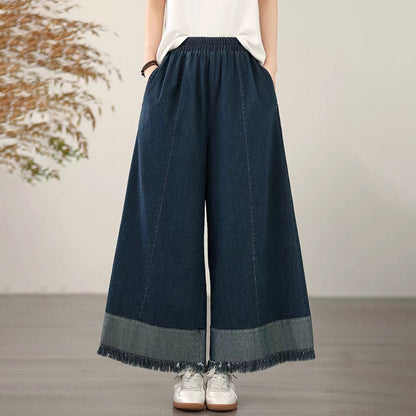【ボトムス】レトロデニムワイドパンツ レディース 裾フリンジ加工 ゆったりシルエット【JZシリーズ】