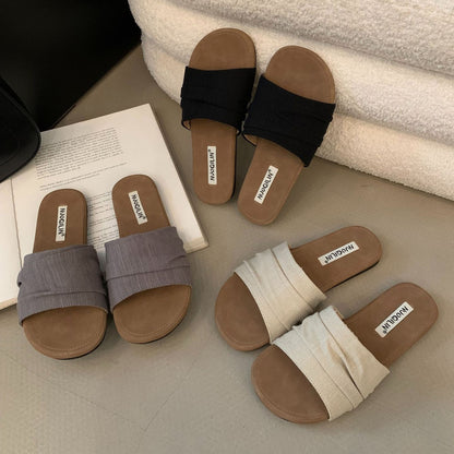 【シューズ】リゾート風 ビーチ リネン プリーツ フラットサンダル 外履き 夏用