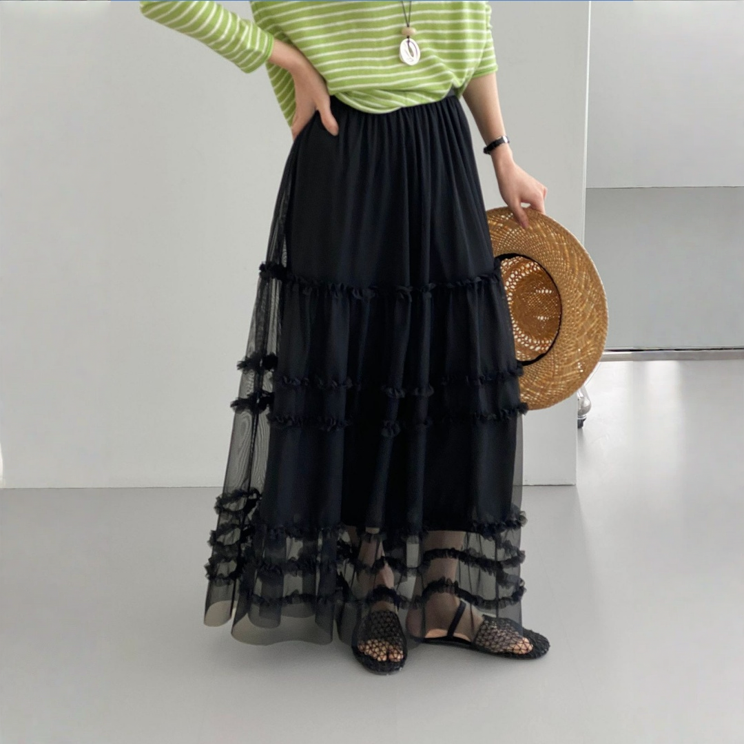 期間限定⭐️60%OFF【ボトムス】韓国風 フリル チュール切替 ロングスカート 【JZシリーズ】