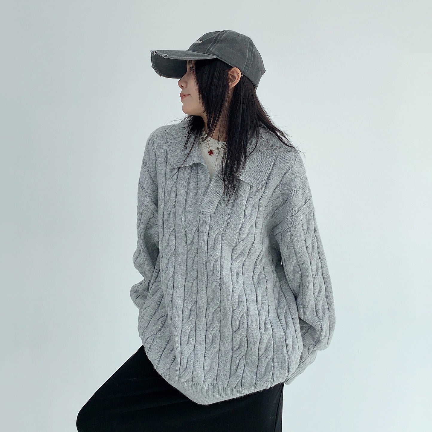 【トップス】フェイクレイヤード風 プルオーバー ニット レディース ゆったり厚手 折り襟デザイン【FCシリーズ】