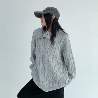 【トップス】フェイクレイヤード風 プルオーバー ニット レディース ゆったり厚手 折り襟デザイン【FCシリーズ】