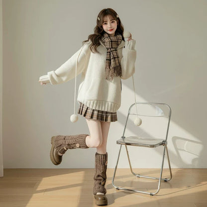 【セットアップ】無地 ホワイト セーター + プリーツ ショート スカート 2点上下セット 【JZシリーズ】