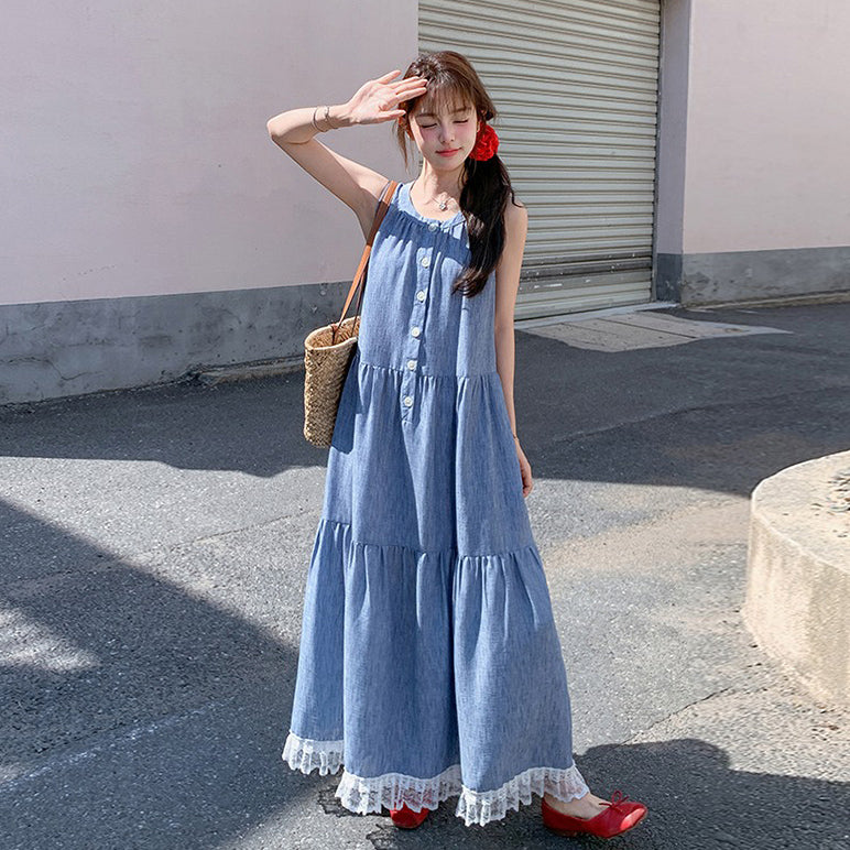 【ワンピース】ユニーク 優しげ 可愛い レース 切り替え ノースリーブ キャミソール ワンピース レディース 夏 フレンチ 気質 若見え マキシ丈【JZシリーズ】