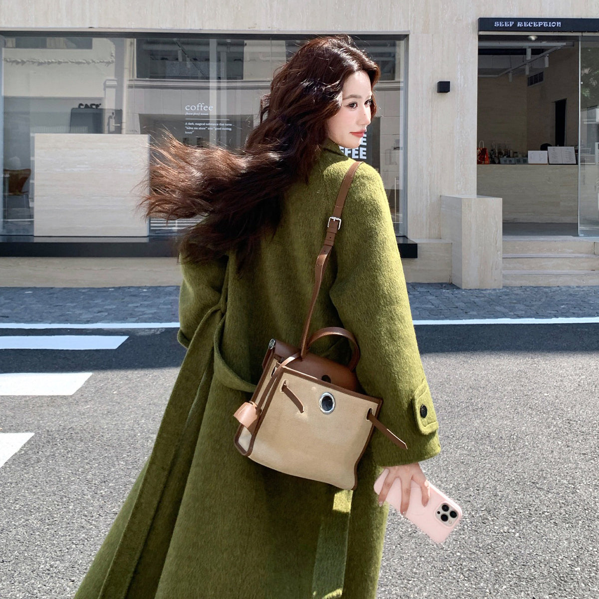 【アウター】レディース ダブルフェイス風ロングコート グリーン 秋冬新作 きれいめ ゆったり【JZシリーズ】