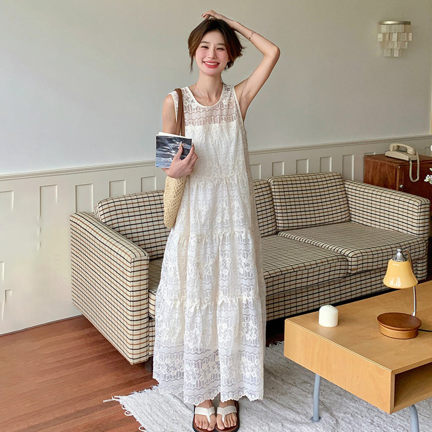 【ワンピース】夏 海辺リゾート風 レース刺繍 ロング丈 気質スタイル ノースリーブワンピース