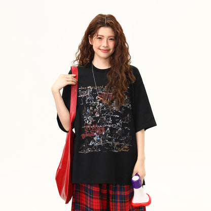 【トップス】アメリカンレトロ グラフィティTシャツ レディース 半袖 ゆったり 夏 ペアルック【FCシリーズ】