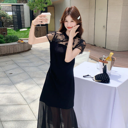 【ワンピース】チャイナ風ブラックメッシュ切替ワンピース レディース 夏新作 スリム見え きれいめ 上品 フェイクレイヤード 半袖 ロングワンピース【JZシリーズ】
