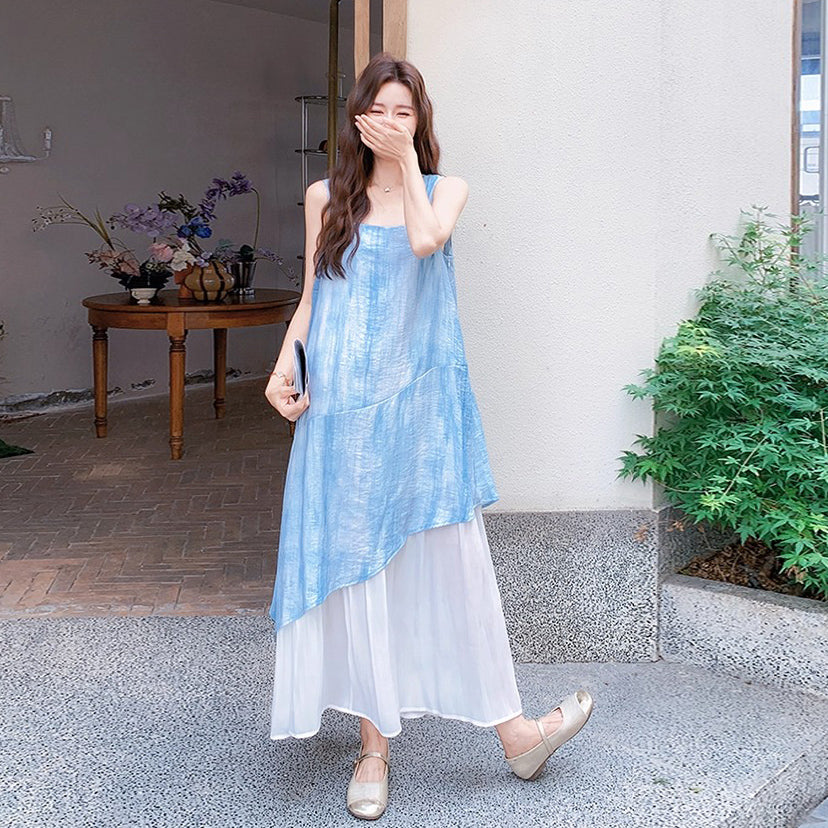 【ワンピース】夏 レディース ブルータイダイ ノースリーブ ワンピース 配色 染め柄 大人可愛い 体型カバー ファッション【SHシリーズ】