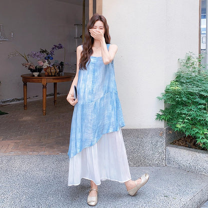 【ワンピース】夏 レディース ブルータイダイ ノースリーブ ワンピース 配色 染め柄 大人可愛い 体型カバー ファッション【SHシリーズ】