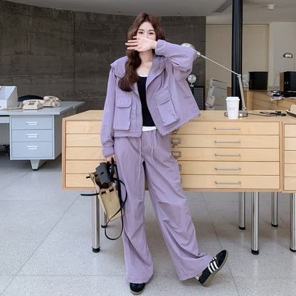 2点セット【セットアップ】大人気 パープル カーゴスタイルジャケット + ワイドパンツ セットアップ 早春秋 【JZシリーズ】