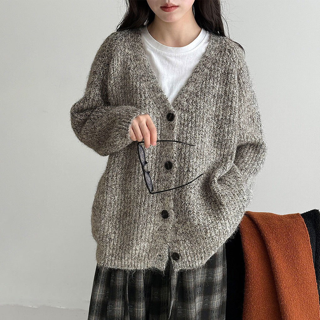 【アウター】韓国風 ゆるニット Vネック ウール混 カーディガン レディース 秋冬 新作 ゆったり【JZシリーズ】