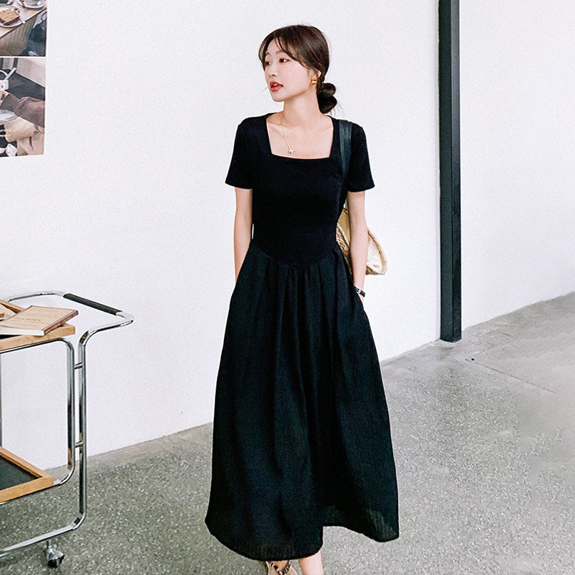 【ワンピース】こなれ感満点 半袖ワンピース スリム見え◎大人上品な黒ワンピ【JZシリーズ】