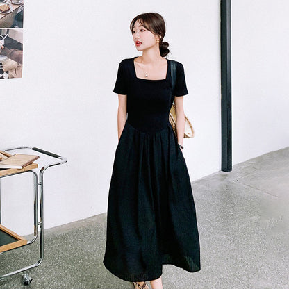 【ワンピース】こなれ感満点 半袖ワンピース スリム見え◎大人上品な黒ワンピ【JZシリーズ】