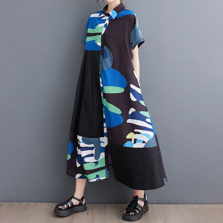 期間限定⭐️60%OFF【ワンピース】大人可愛い レトロ プリント ロングワンピース 夏 半袖 文芸風 ゆるシルエット 総柄 シャツドレス マキシ丈 大きいサイズ【SHシリーズ】