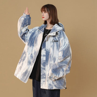 【アウター】フード付きジャケット 男女兼用 水墨染め グラデーション ハイストリート ワイドフィット 青少年【FCシリーズ】