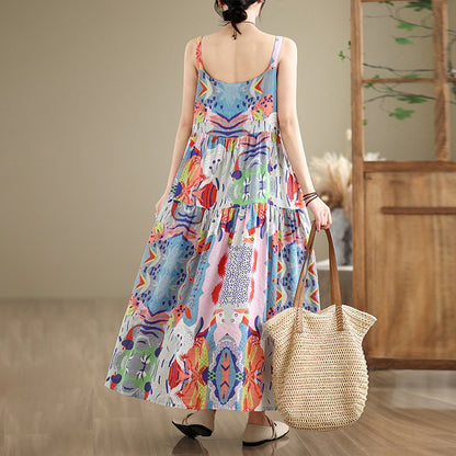 全6柄展開【ワンピース】 綿麻素材 花柄キャミワンピース｜ゆったり大きめサイズ＆ロング丈 ノースリーブワンピース【SHシリーズ】