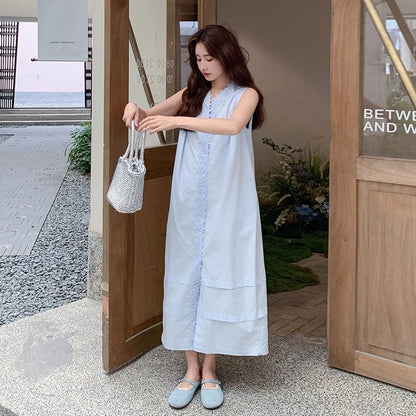 【ワンピース】ライトブルー レーストリム ノースリーブワンピース 夏 ロング丈 気質アップ【JZシリーズ】