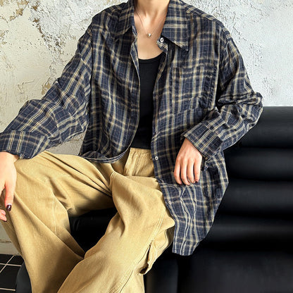 【トップス】韓国風ヴィンテージ チェック開襟シャツ ユニセックス ゆったり長袖シャツ【JZシリーズ】