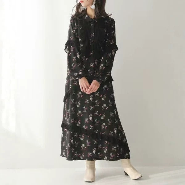 【ワンピース】フレンチ花柄ロングワンピース レディース 長袖 ギャザーデザイン ナチュラル フェミニン【SHシリーズ】
