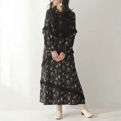 【ワンピース】フレンチ花柄ロングワンピース レディース 長袖 ギャザーデザイン ナチュラル フェミニン【SHシリーズ】