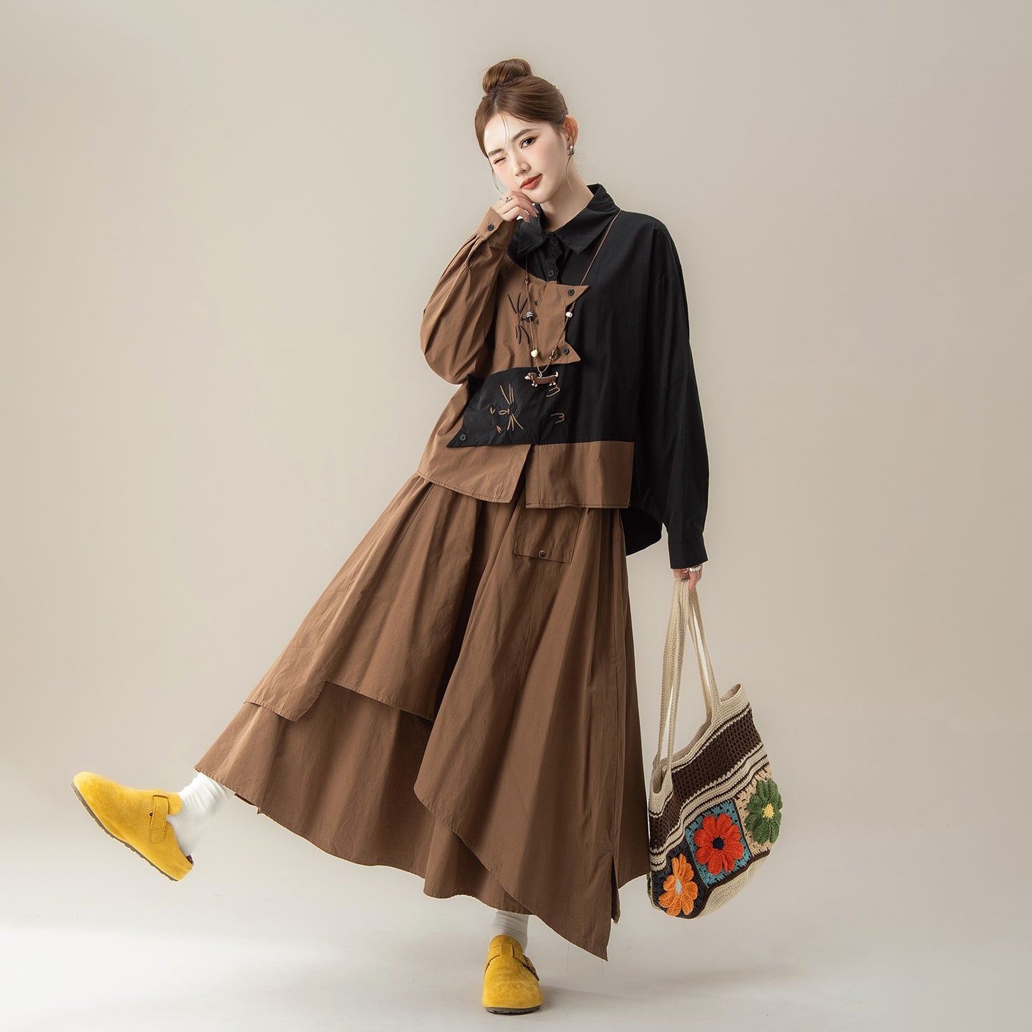 【単品注文】【セットアップ】ねこ刺繍 不規則デザイン 配色切替 長袖 シャツ +スカート 上下セット【JZシリーズ】