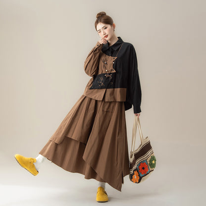 【単品注文】【セットアップ】ねこ刺繍 不規則デザイン 配色切替 長袖 シャツ +スカート 上下セット【JZシリーズ】