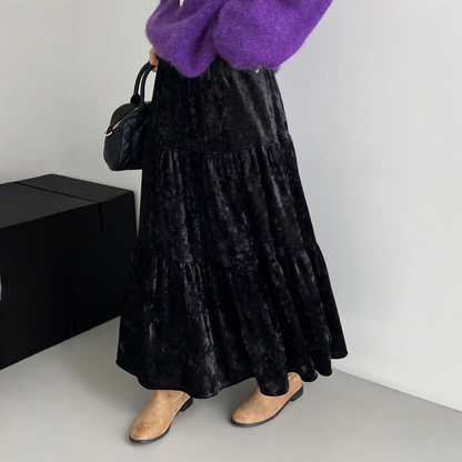 【ボトムス】春 秋 冬 ウエストゴム入り ベルベット素材 フレア スカート  【JZシリーズ】