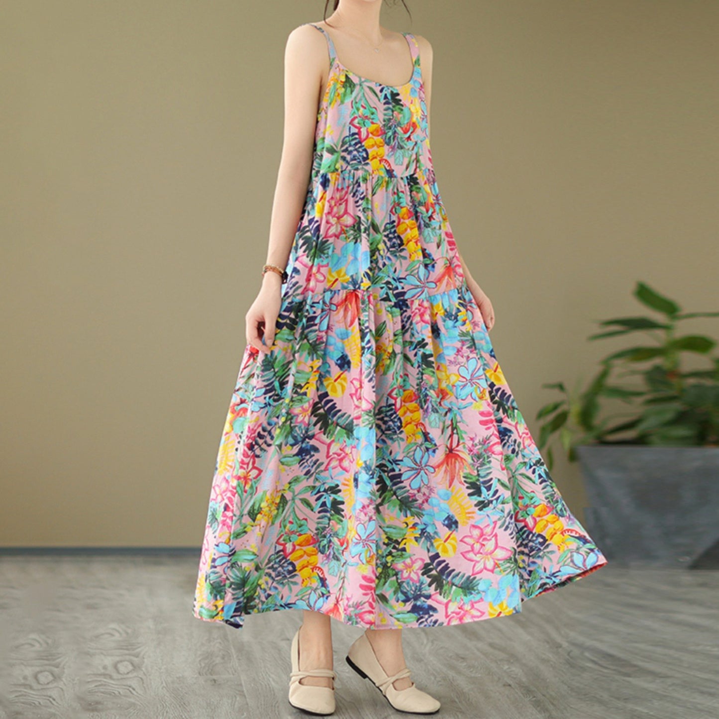 【ワンピース】森ガール風 綿麻花柄キャミソールワンピース 軽やかで涼しい薄手素材 ノースリーブワンピース【SHシリーズ】