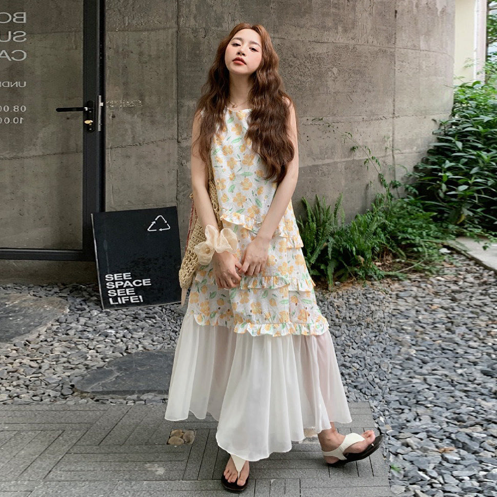 【ワンピース】夏 かわいい メッシュ切替 ゆったり ノースリーブ フラワーワンピース【SHシリーズ】