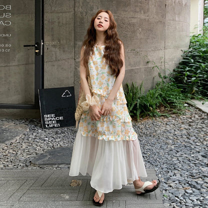 【ワンピース】夏 かわいい メッシュ切替 ゆったり ノースリーブ フラワーワンピース【SHシリーズ】