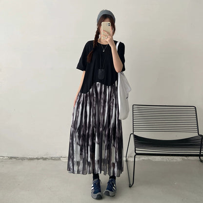 【ワンピース】レイヤード風ロングTシャツワンピース レディース 夏 ブラック グラデーションデザイン 半袖 ゆったり体型カバー カジュアルワンピース【JZシリーズ】