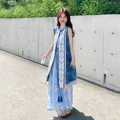 2点セット！【セットアップ】夏 ボヘミアン民族風プリント ベストワンピース＋スカート 2点セット【SHシリーズ】