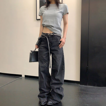 【ボトムス】ヴィンテージ加工 ダメージ 直筒 ワイドレッグ ジーンズ レディース パンツ【FCシリーズ】