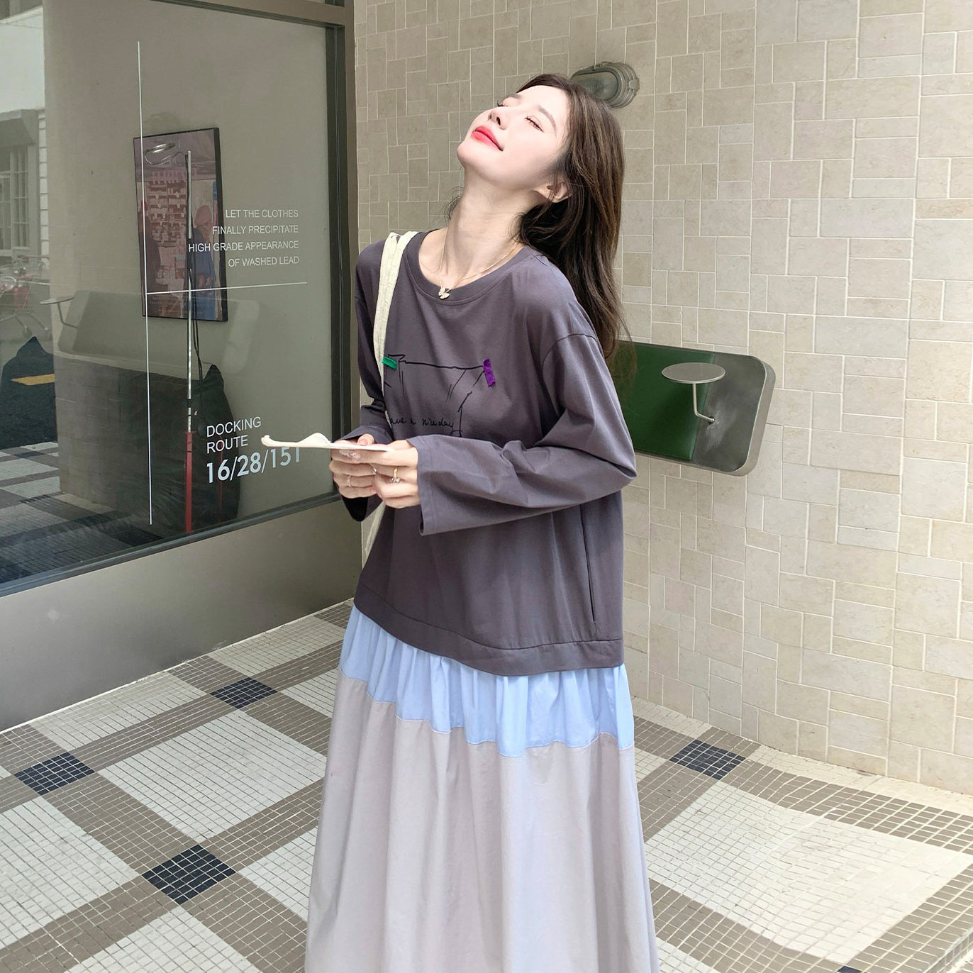【ワンピース】配色切替フェイクレイヤード長袖ワンピース レディース 秋新作 韓国風シンプルデザイン ゆったりロングワンピース【JZシリーズ】