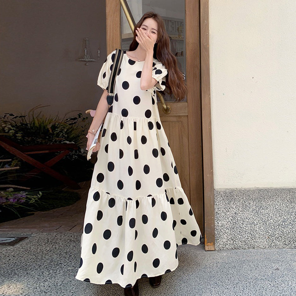 【ワンピース】大きめドット パフスリーブ ワンピース 夏 トレンド感 上品 半袖 マーメイド ロングドレス【SHシリーズ】
